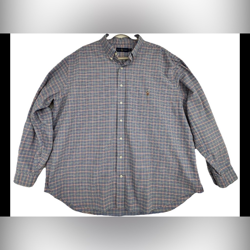 Ralph Lauren Polo Button Up Spring Shirt Mens 2XB Big preppy Blue Plaid Stretch